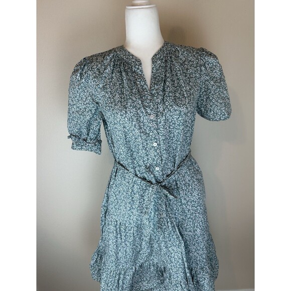 Draper James S Midi Dress Green Floral Peasant Tiered Puff Sleeve Button Cotton - Picture 3 of 8